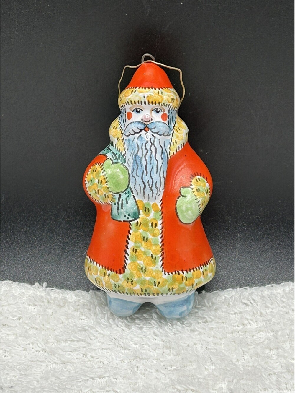 Vintage Russian Majolica Hand-painted Ceramic Santa Ornament 1970’s